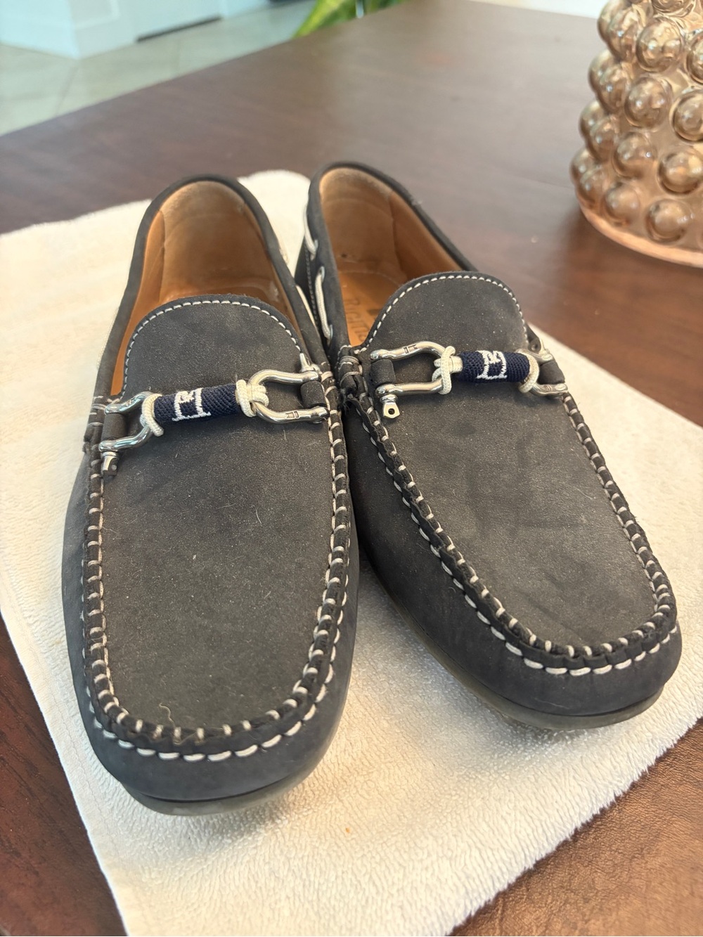 Riomar Men's Navy Suede Slip-On Driving Loafers with Decorative Bit